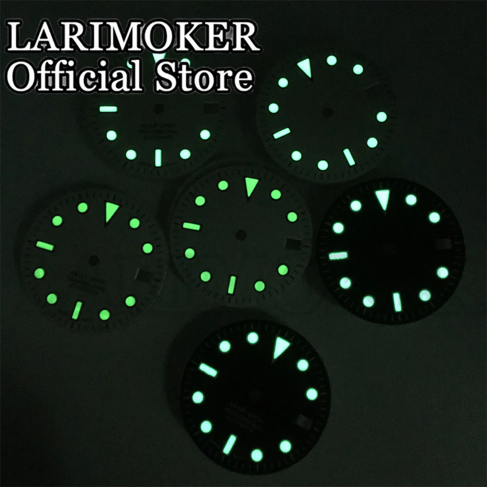 LARIMOKER 29 مللي متر أسود/أبيض التقويم نافذة ساعة الطلب مع الأخضر مضيئة مناسبة ل NH35 ساعة يد تعمل بالحركة التلقائية اكسسوارات