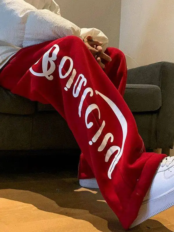 

plus Size Red Wide Leg Sweatpants American Retro Hip Hop Style High Waist Casual Trousers for plus Size Women Autumn Winter