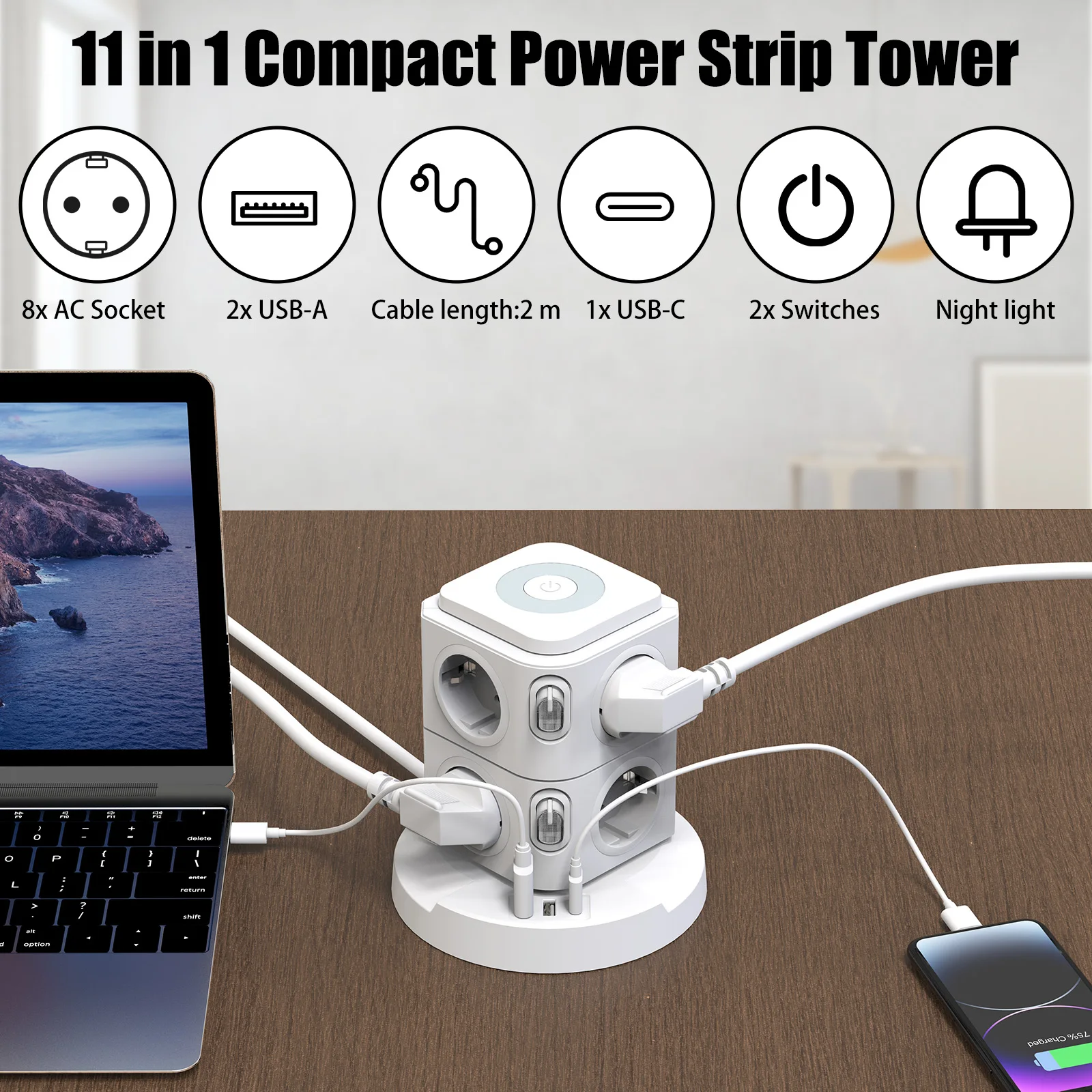 

11-in-1 vertical multi-functional socket tower, 8AC+3USB/ Overload protection/three-level night light / 2-meter extension cable
