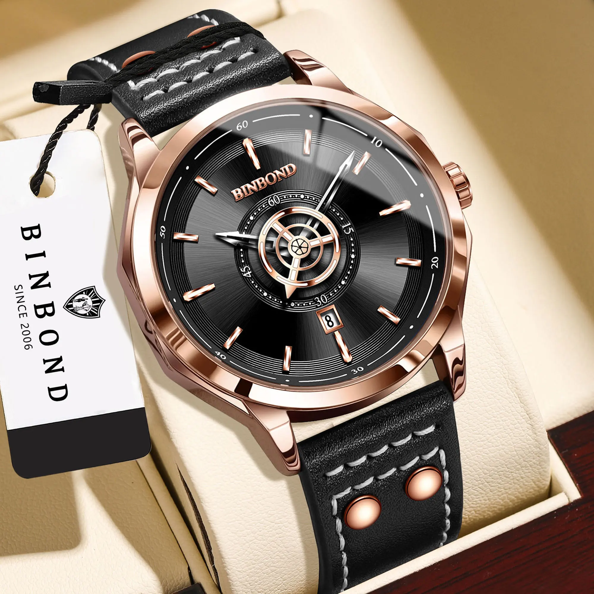 BINBOND Original Auto Date Leather Men's Watch Luxury Reloj Luminous Waterproof Relojes Quartz Wristwatches For Men +Box