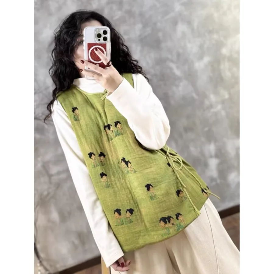 

Retro National Sle Printed Vest Women's Autumn Winter Lightweight Cotton Jaet Svel Outerwear round Ne Cotton Blend