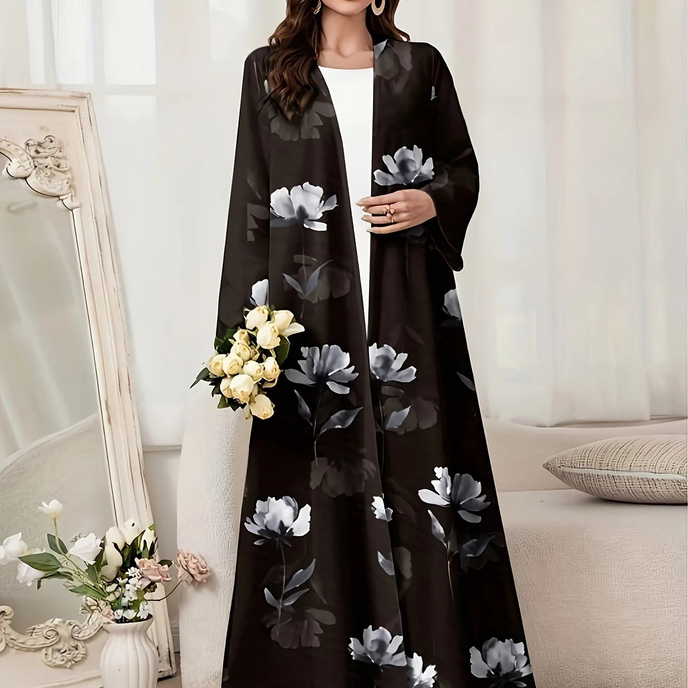 

Ид женские платья кардиган Абая Джалабия Рамадан мусульманский кафтан с цветочным принтом Марокко Дубай вечерние открытые абайи Vestidos длинный халат