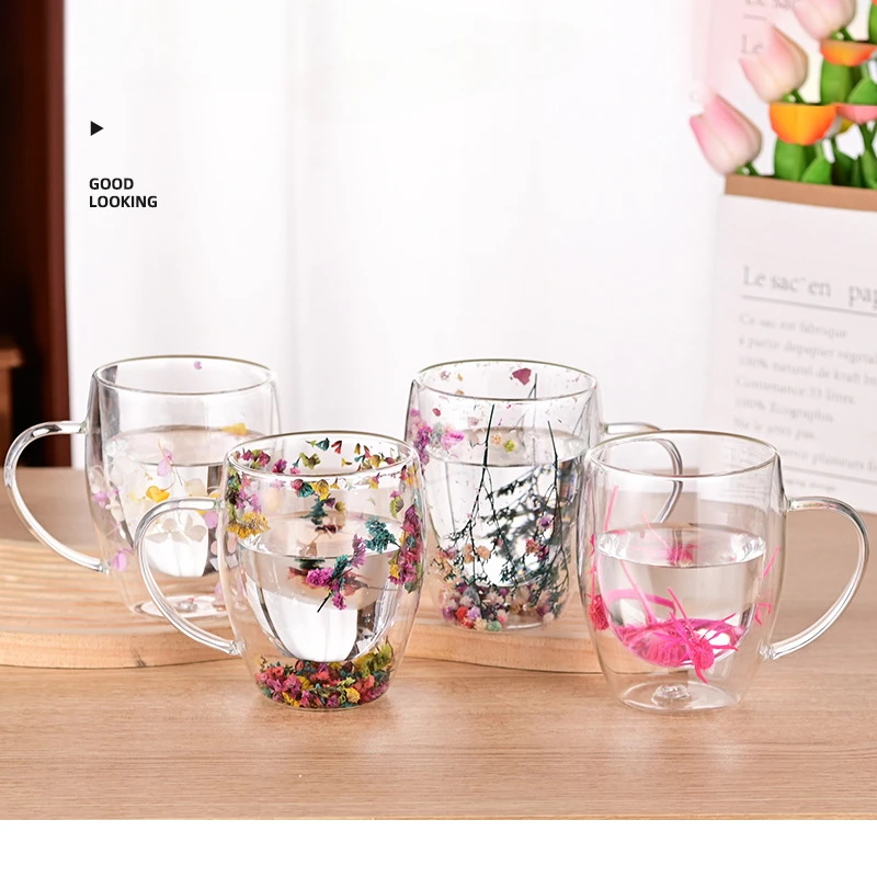 Artificial Flower Glass Coffee Mugs High Beauty Double Wall Glass Tea Cup Heat Insulated Quicksand Drinking Glasses Milk Cups