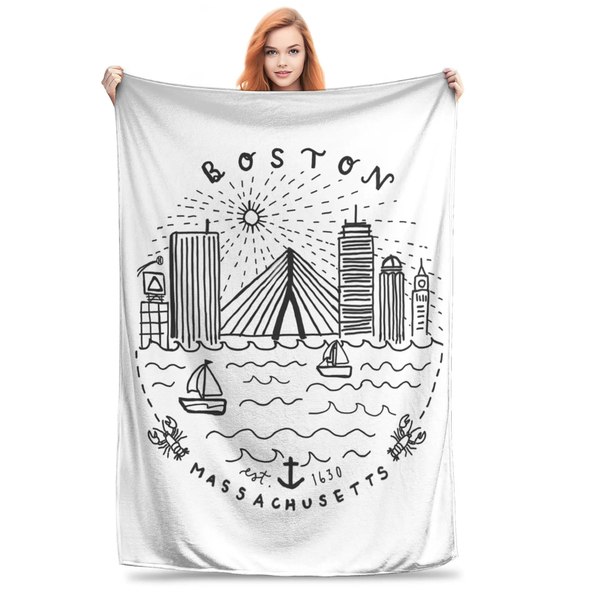 Boston Mass Skyline Collag Blankets Soft Warm Flannel Throw Blanket Bedding for Bed Living room Picnic Travel Home Sofa