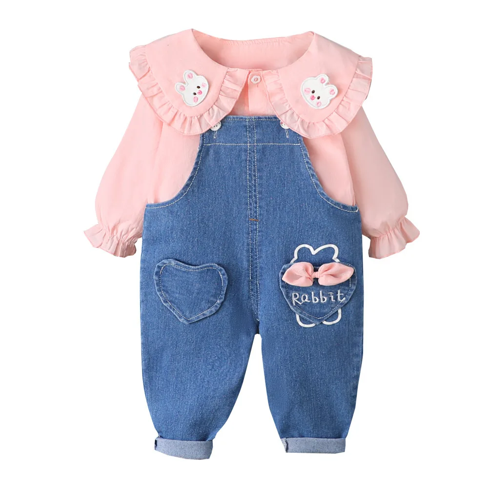 

2024 kids Clothing Set cute girls 0-4year Long Sleeve Shirt+Denim overalls Outfit For Newborn Baby Girl clothes set