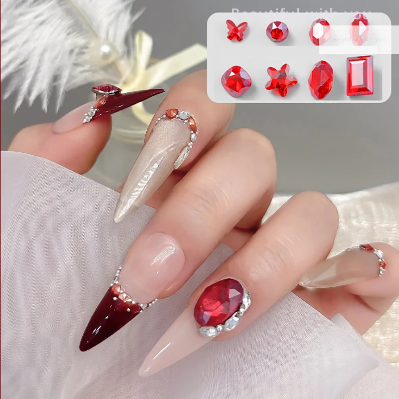 

5PCS Sparkle Ice Translucent Big Red Sharp Diamonds Crook Butterfly Square Nail Art Rhinestones Decorations Manicure Ornaments