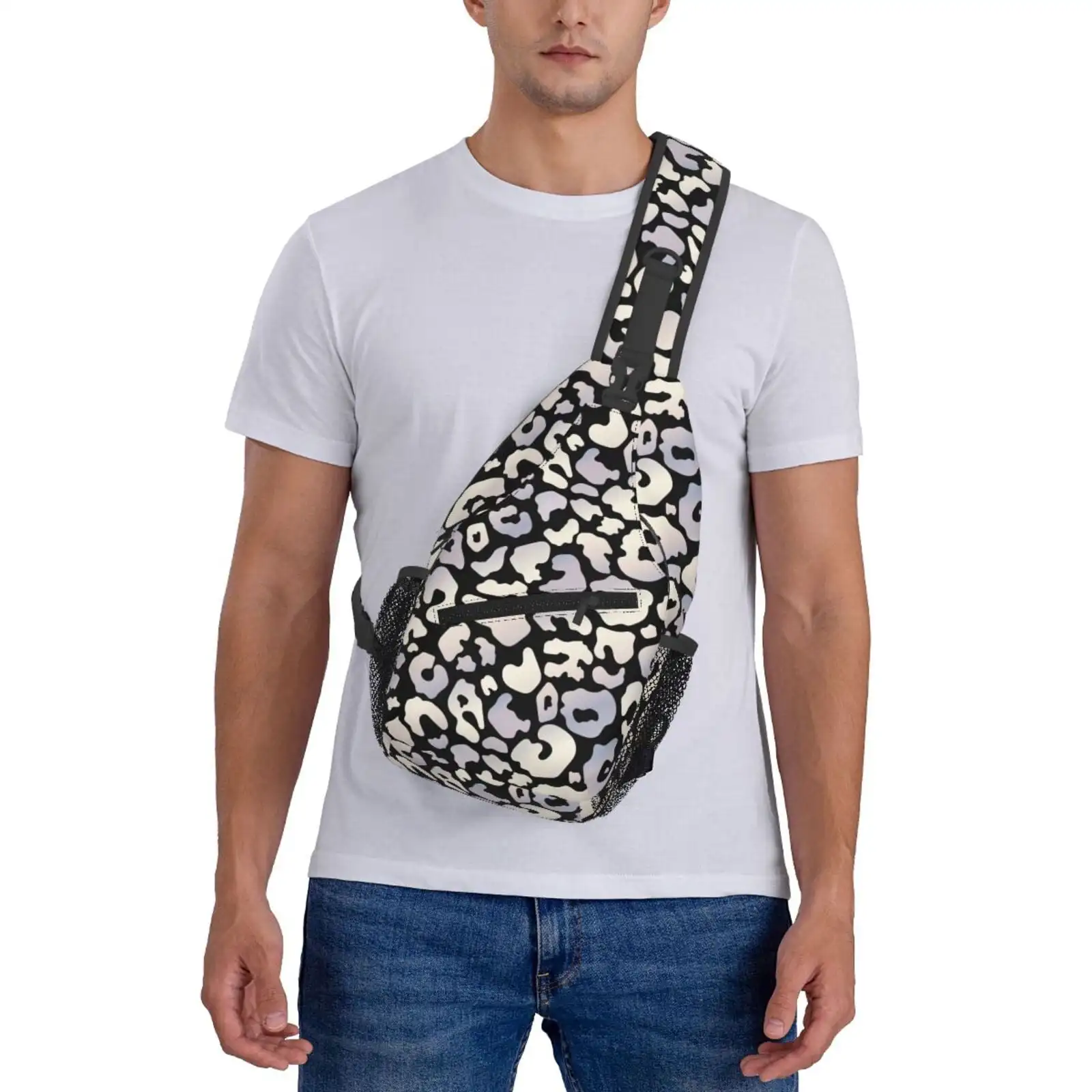 Sling Bag For Men, Trendy Silver Leopard Black Fanny Pack Crossbody Bags Shoulder Chest Bag, Small Gym Bag Anti Theft Crossbody
