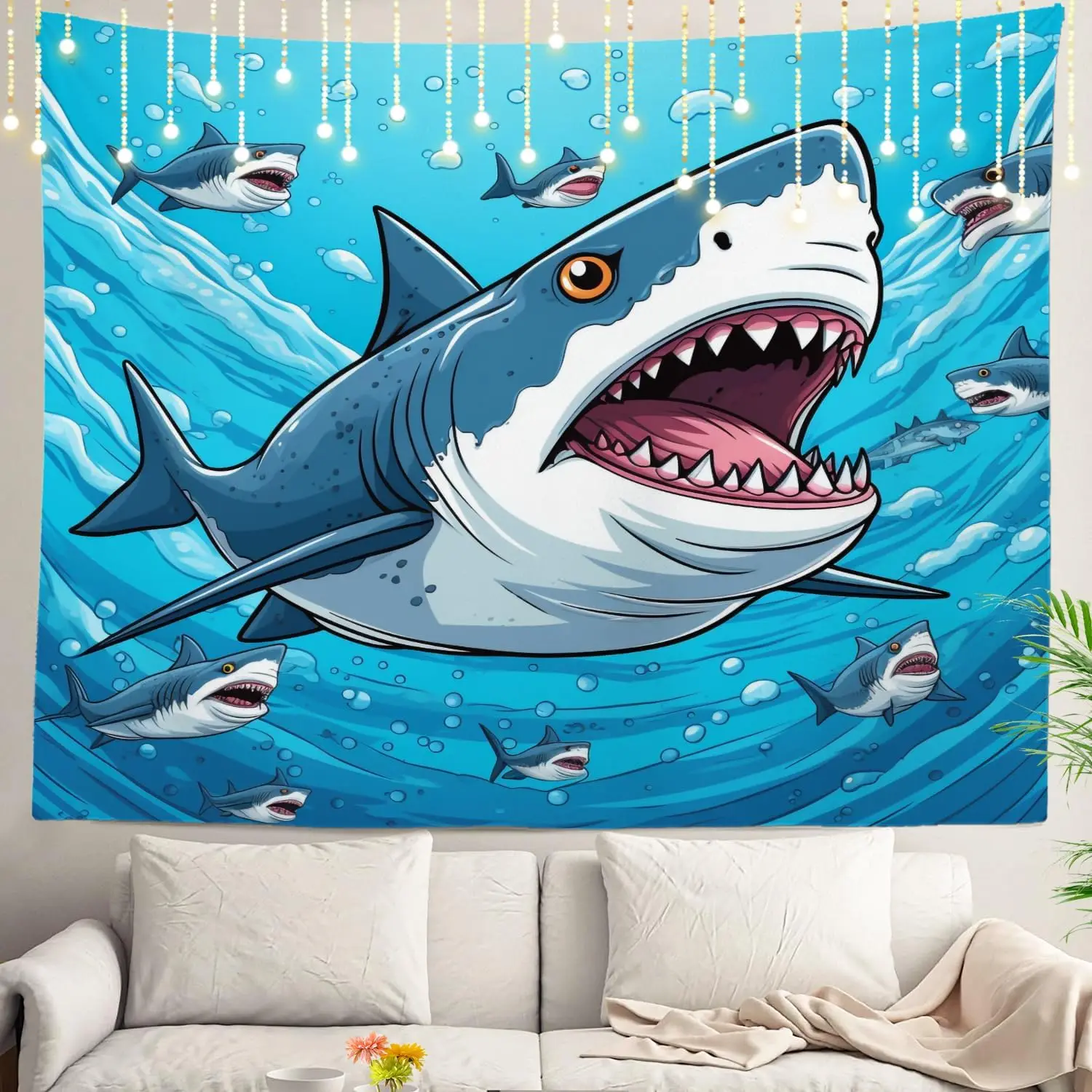 Tapiz de Pared con Diseño de Tiburón en un Paisaje Submarino Tropical, Decoración de Playa, Estampado Náutico de Anime, Decoración Bohemia para el Hogar