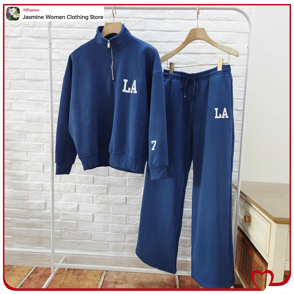 Women Relexation Washed Effect High Collar Sweatshirt Suit Comfy Contrasting Text 2 Piece Set Ladies Plush Varsity Jogger Pants