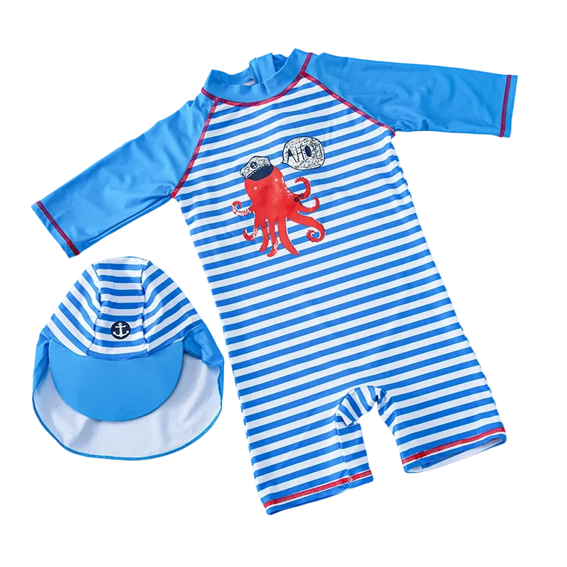 

UPF 50+ One-Piece Swimwear Baby Toddler Boys 6-12M 12-24M 2-5Y Long Sleeve Rash Guard With 3D Sunhat Striped Octopus Print