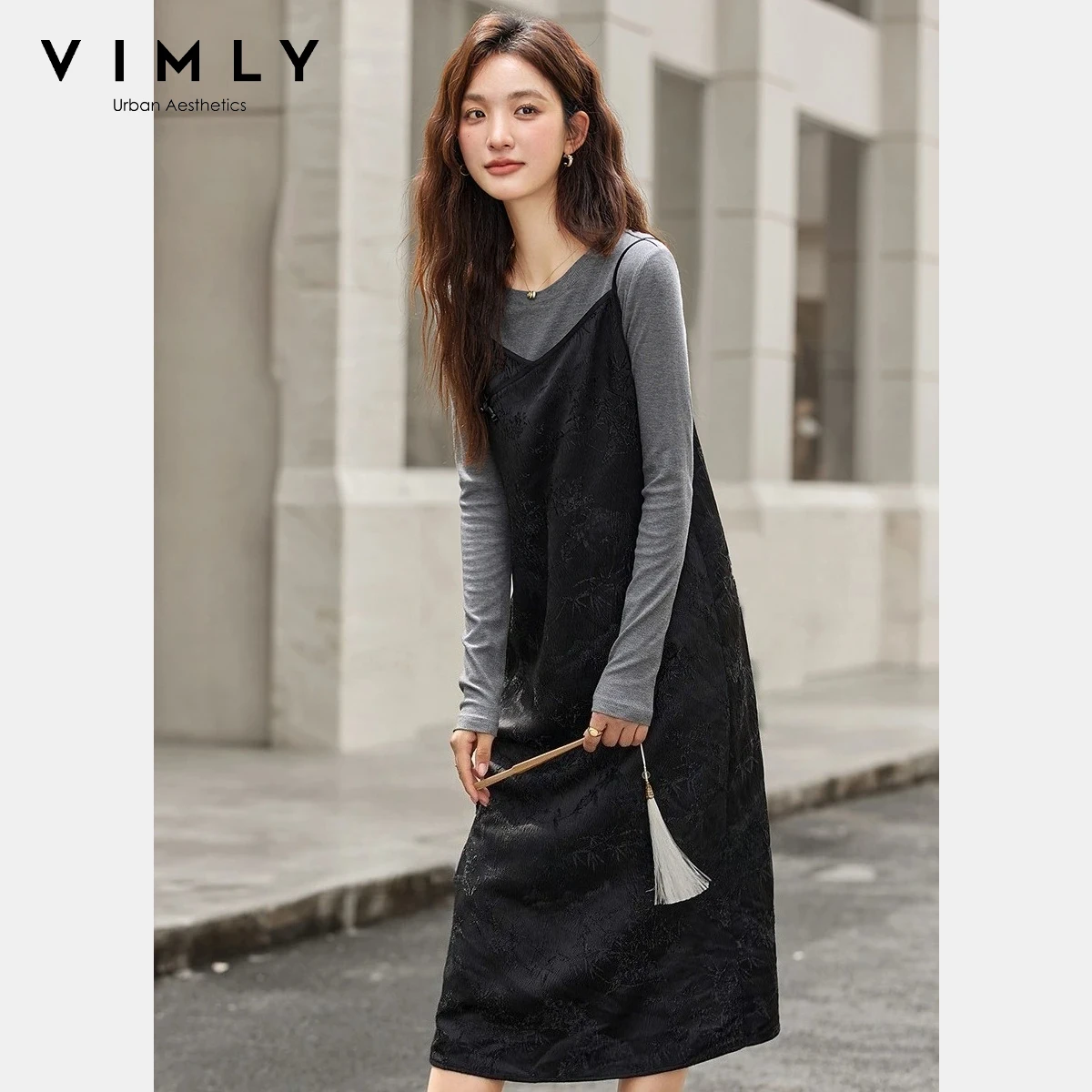 

Vimly 2 Piece Set for Women 2025 Autumn New Chinese Style Brown Knit Pullover Top & Jacquard Dress Elegant Fashion Outfit A2662