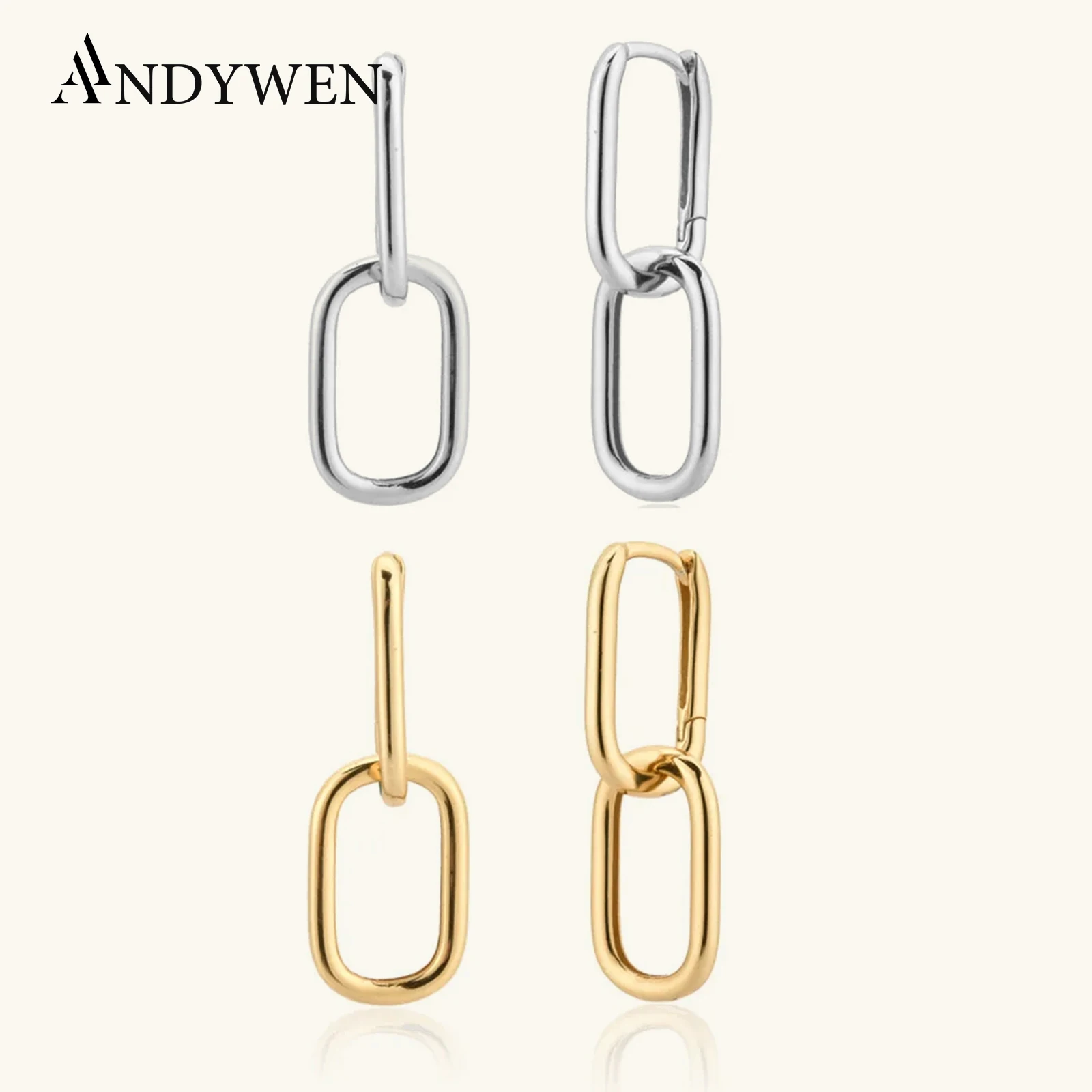 ANDYWEN 925 Sterling Silver 2020 Circle Chain Drop Earring Wedding Fashion Plain Simple 2 Circle Wedding Jewelry Clips