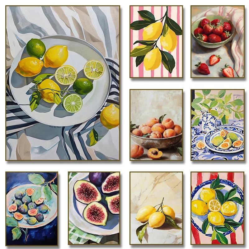 Abstract Fruit Market Poster Lemons Strawberries Peaches Canvas Painting Print Wall Art for Living Room Home Decor