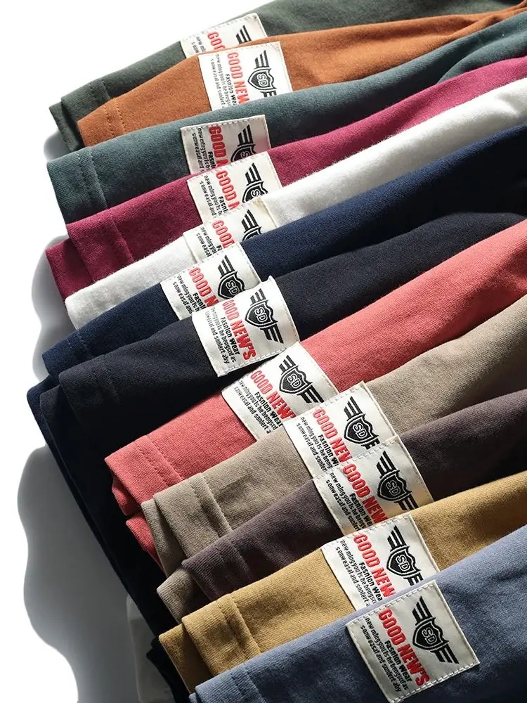 2025 Summer New American Retro Short Sleeve O-neck Solid Color T-shirt Men's Fashion 100% Cotton Washed Casual Terry Cloth Tops