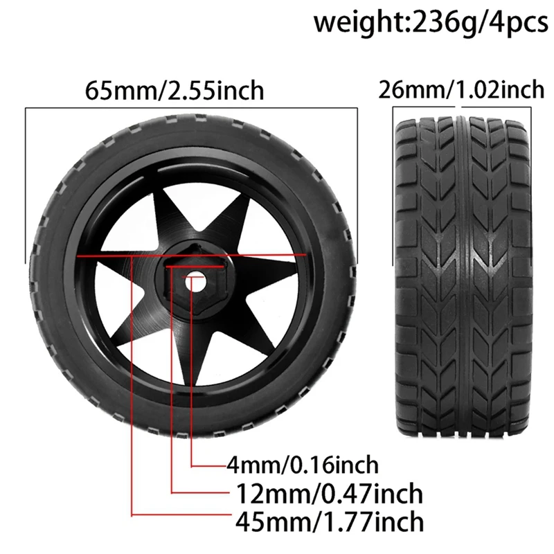 4pcs 65mm RC Car Tires with Metal Rims for TT01 TT02 TT02B TA06 XV01 XV02 PTG-2, 1/10 Racing Car Upgrade Parts A ✅