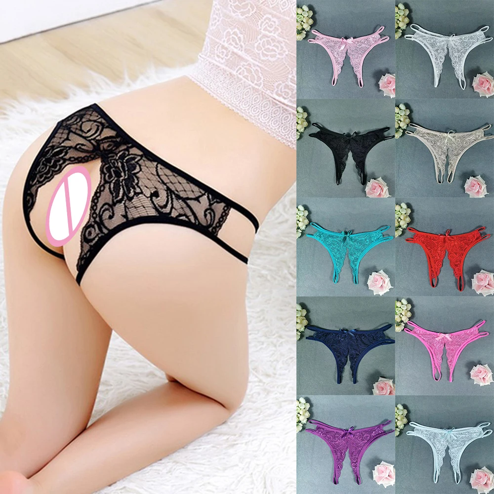 Calcinha sexy de renda para mulheres, roupa interior crotchless, tangas florais bordadas, lingerie, fio dental, franja aberta pura, cuecas com cordão em T