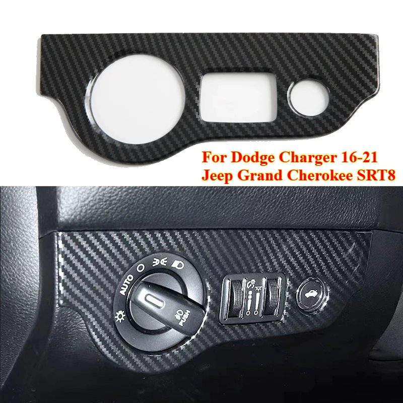 

1PCS Carbon Fiber Headlight Switch Button Panel Sticker Trim for Dodge Charger 16-21 Jeep Grand Cherokee SRT8 Car Accessories