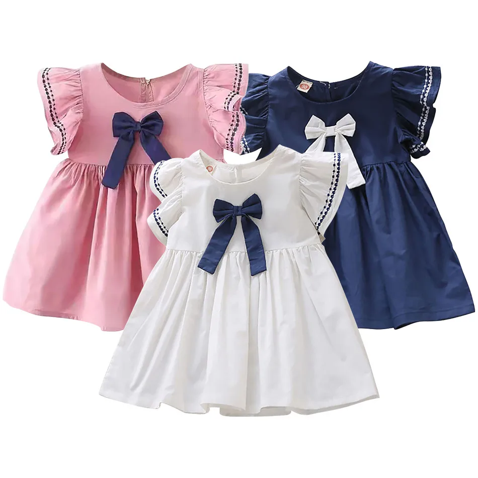 Girls Summer Dress Cute Bow and Embroidery A-Line Short-Sleeve Dress Trendy Cotton Dress Fashionable and Versatile Girls Dresses