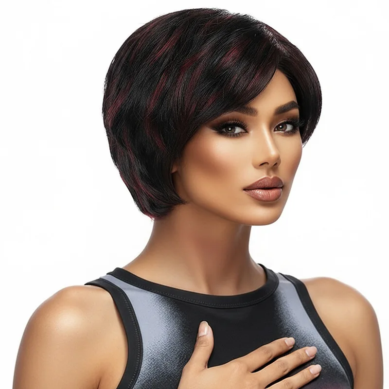 Cross border reddish brown short straight high-temperature silk synthetic wig from Europe and America-Synthetic fiber wig