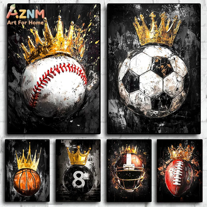 AZNM Sports Balls with Crown Grunge Style Canvas Wall Art Print Decor