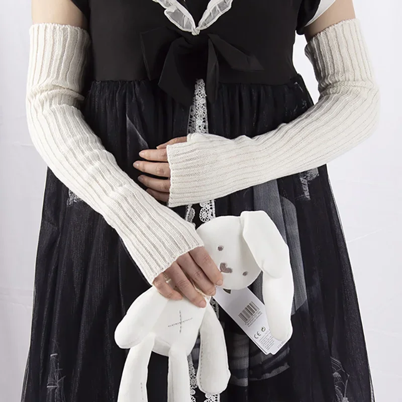 Women\'s Long Knitted Fingerless Arm Sleeves Gothic Style Winter Long Arm Warmers Girls Harajuku Y2K Fashion Wrist Gloves