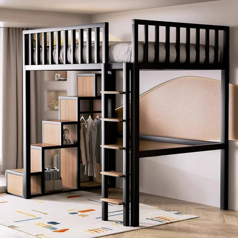 High bed, duplex, second floor bed, loft-style wrought iron sheet, upper floor, lower bed, table combination, and upper bunk