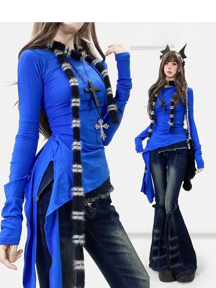 

Женская модная зимняя кофта средней длины с длинным рукавом цвета синий Кляйн, базовый слой для многослойных образов, повседневный крой, подчеркивающий фигуру, белая.