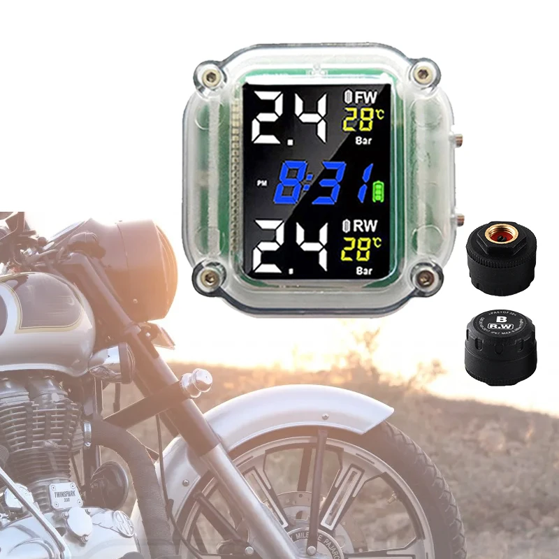 

Transparent Motorcycle TPMS Tire Pressure Monitoring System With 2 External Sensors LCD Display Motorbike Tyre Temperature Alarm