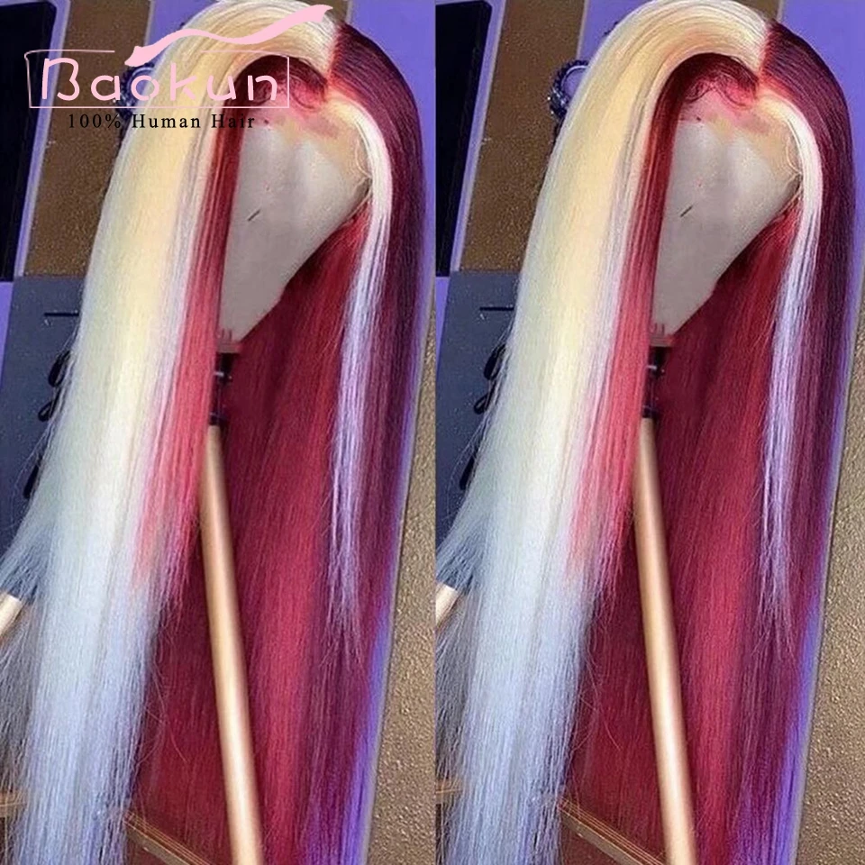 Peluca de cabello humano liso para mujer, postizo de encaje Frontal 13x6 HD 613, prearrancado, Remy, color púrpura y rosa, 13x4