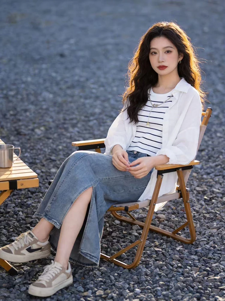 

plus Size Casual Loose Sun Protection Shirt Summer Lazy Striped Vest Slimming High Waist Denim Skirt Three Piece Set Women's ...