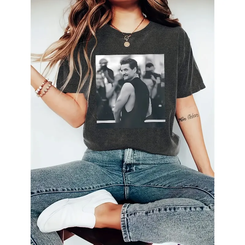 Camiseta con estampado retro de Pedro Pascal, camiseta informal con cuello redondo para primavera y verano, ropa de mujer