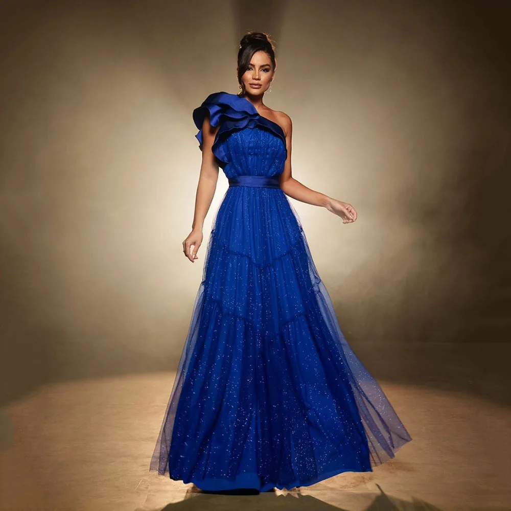 Msikoods Royal Blue Glitter Exquisite Evening Dress One Shoulder Belt Women Party Prom Gown Bespoke Formal Occasion Customized