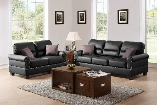 

Black Bonded Leather 2pc Sofa Set Sofa And Loveseat Living Room Furniture