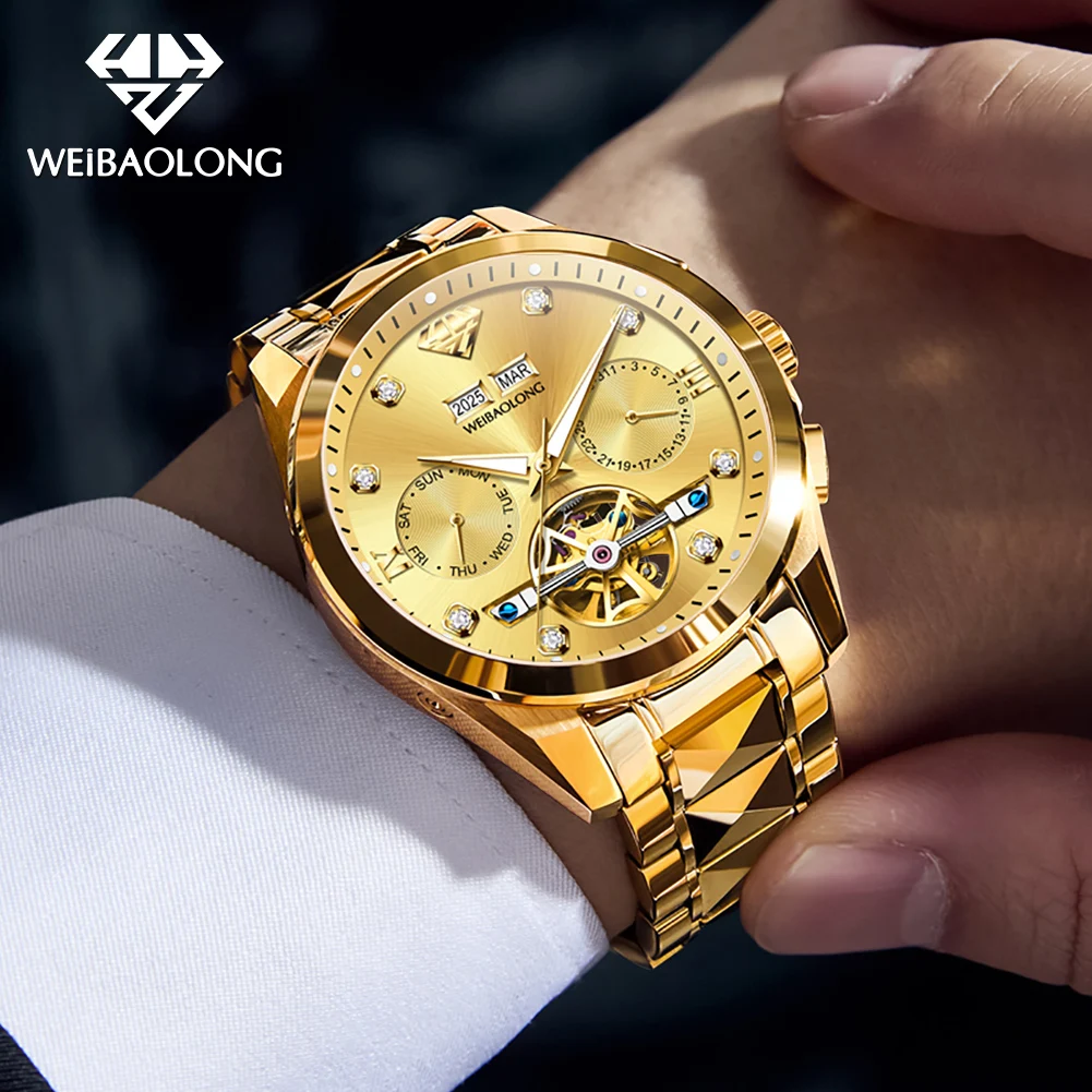 WEIBAOLONG 8 Real Diamonds Men's Watch Automatic Mechanical Skeleton Flywheel Watches Tungsten Steel Sapphire Watch