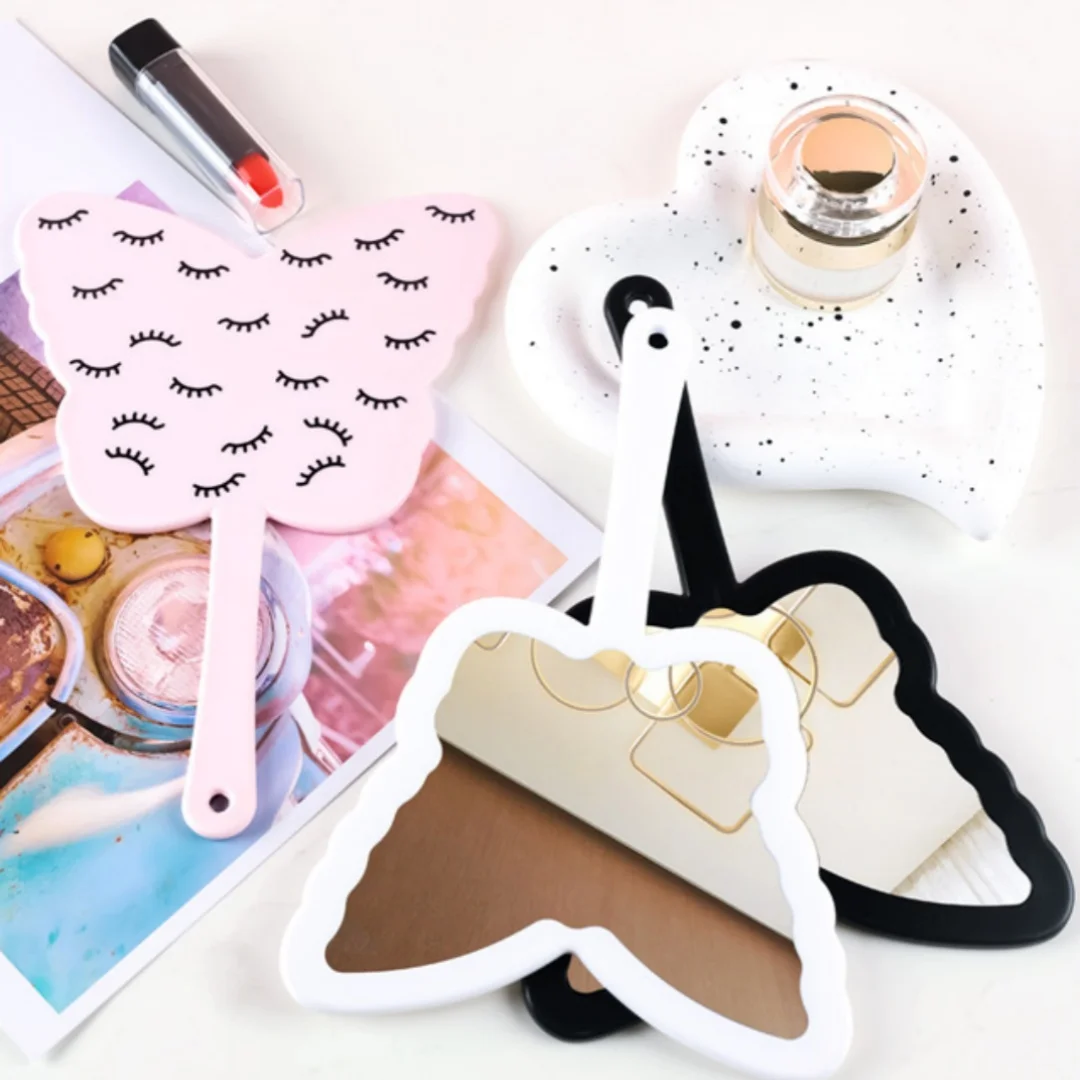 蝶の形をした手持ち鏡、高精細携帯鏡、女の子用化粧鏡、つけまつげハンドル付き鏡