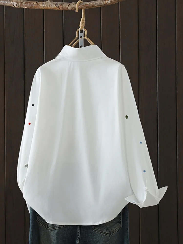 Retro Embroidered Cotton Linen Long Sleeve Shirt Women Early Autumn Comfortable Anti-Aging Casual Bottoming Top