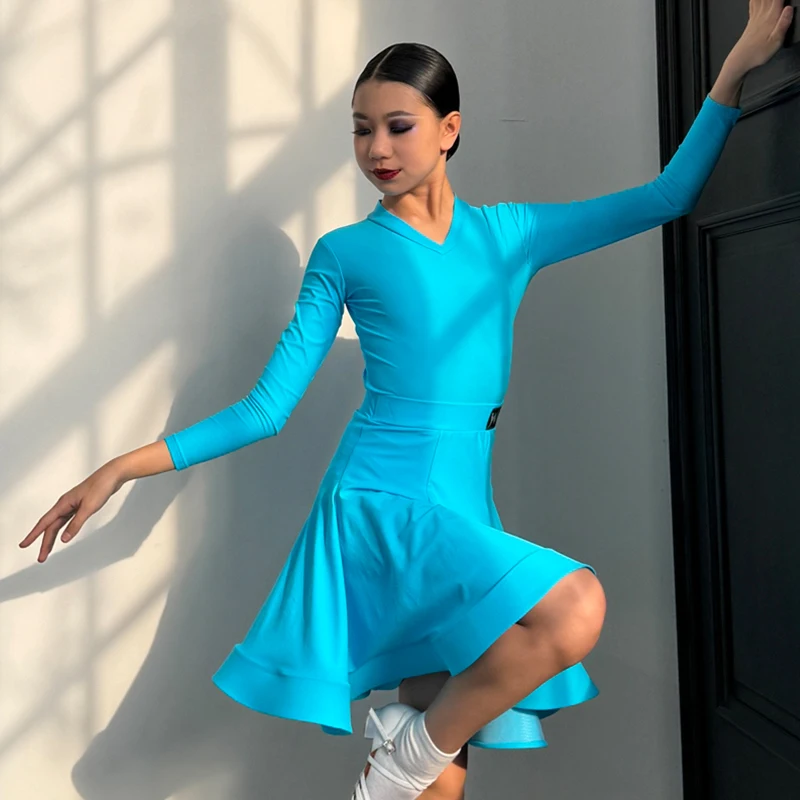 Robe de concours de danse latine pour filles, manches longues, col en V, vêtements d'entraînement professionnel, Cha Cha Rumba, robe de spectacle DNV23056