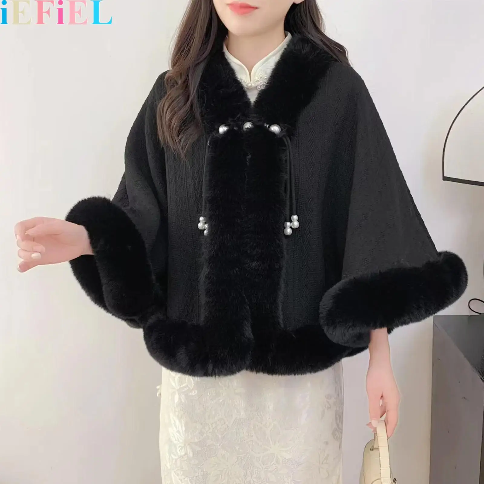 

Open Front Faux Fur Trim Cape Cardigan Sweater Coat Wedding Bride Cloak Cape Shawl for Women Evening Party