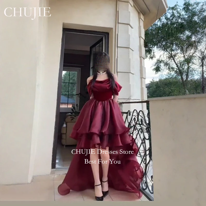 Elegant Dark Burgundy Off Shoulder Prom Dress Asymmetry HIgh Low Gala Party Gown Organza Floor Length Cocktail Dress Customized