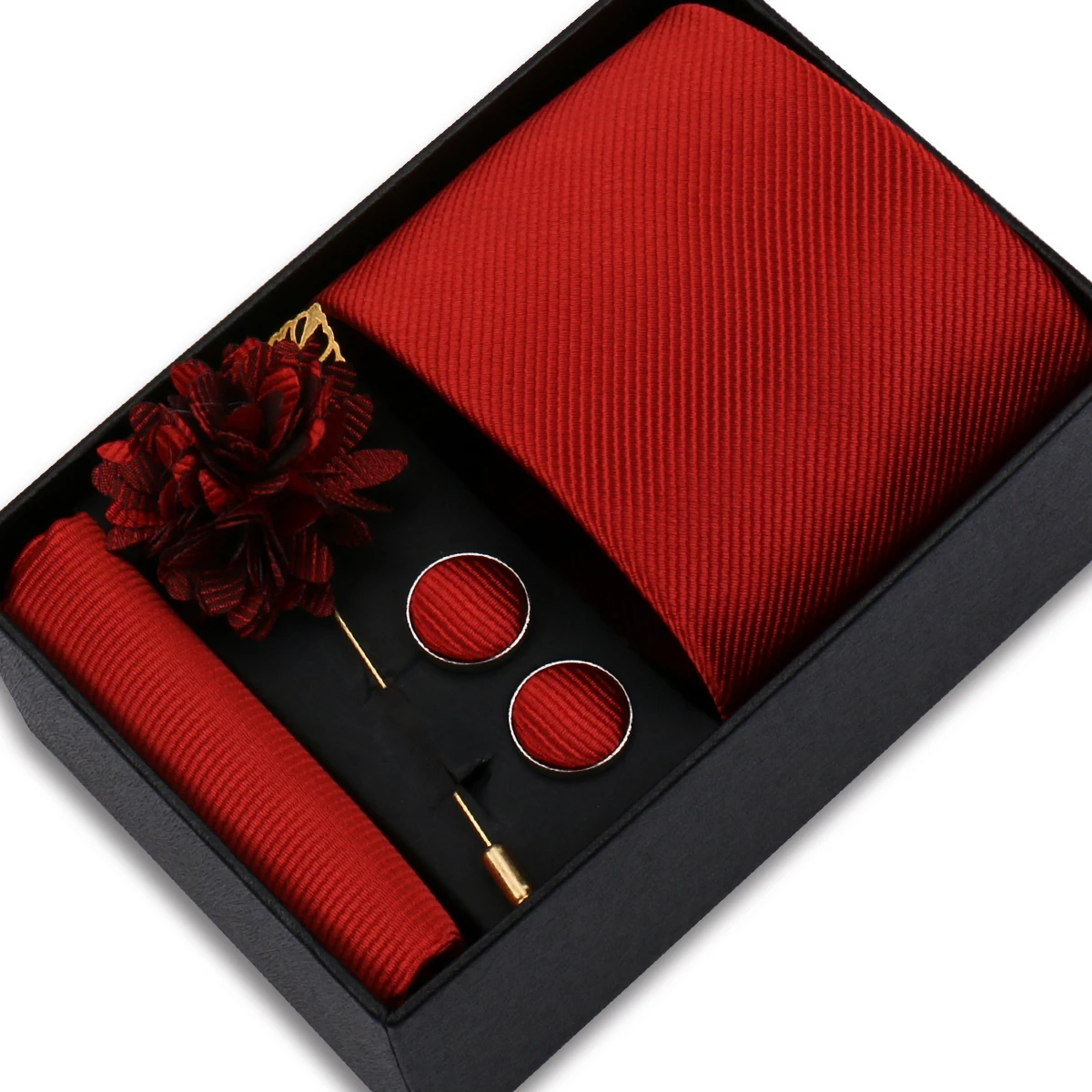 Solid Color Tie Set For Men Flower Pin Necktie Hanky Cufflinks Brooch Set For Man Ties Neck Buckles Flower Lapel Box Gravatas