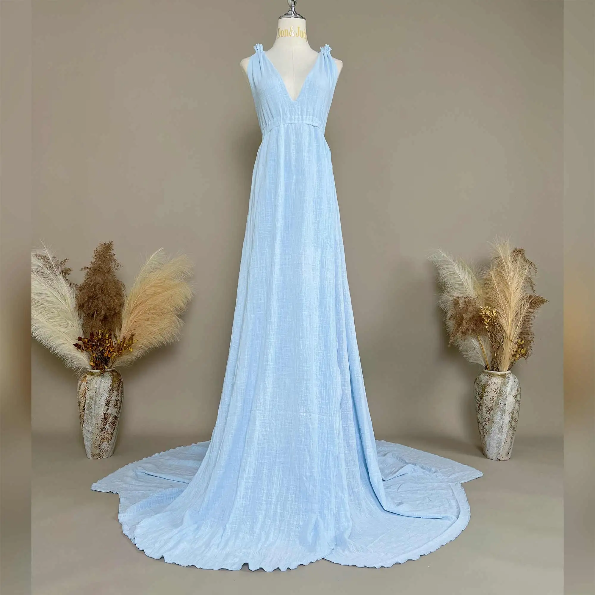 

Don&Judy Deep V-Neck Tie Waist Chiffon Gown with Flowy Train Adjustable Shoulder Straps Boho Chic Long Dress for Photography