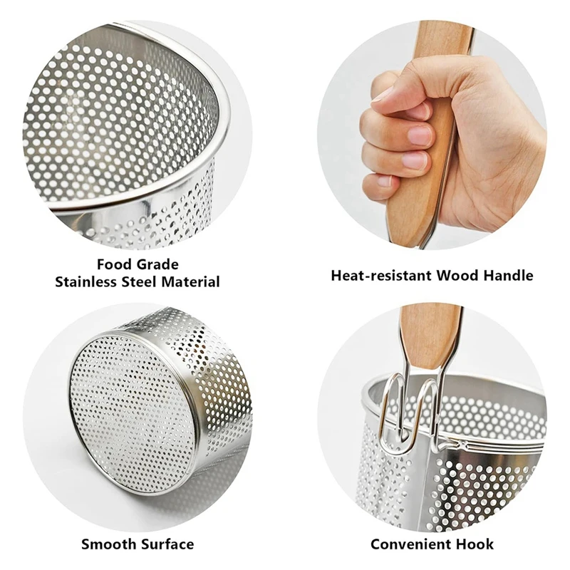 مصفاة المعكرونة المصنوعة من الفولاذ المقاوم للصدأ، قطعتان من مصفاة المعكرونة الزلابية مع مقبض خشبي
