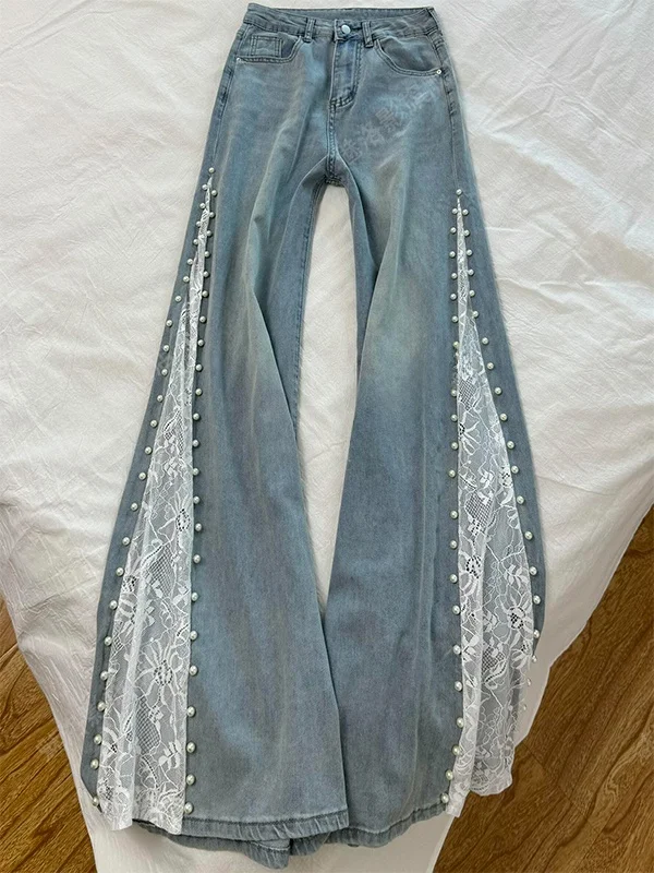 

Корейские дизайнерские джинсовые брюки с кружевом для женщин: высокая талия, широкие штанины, расклешенные, свободный крой, стройнящие, повседневные, пляжные