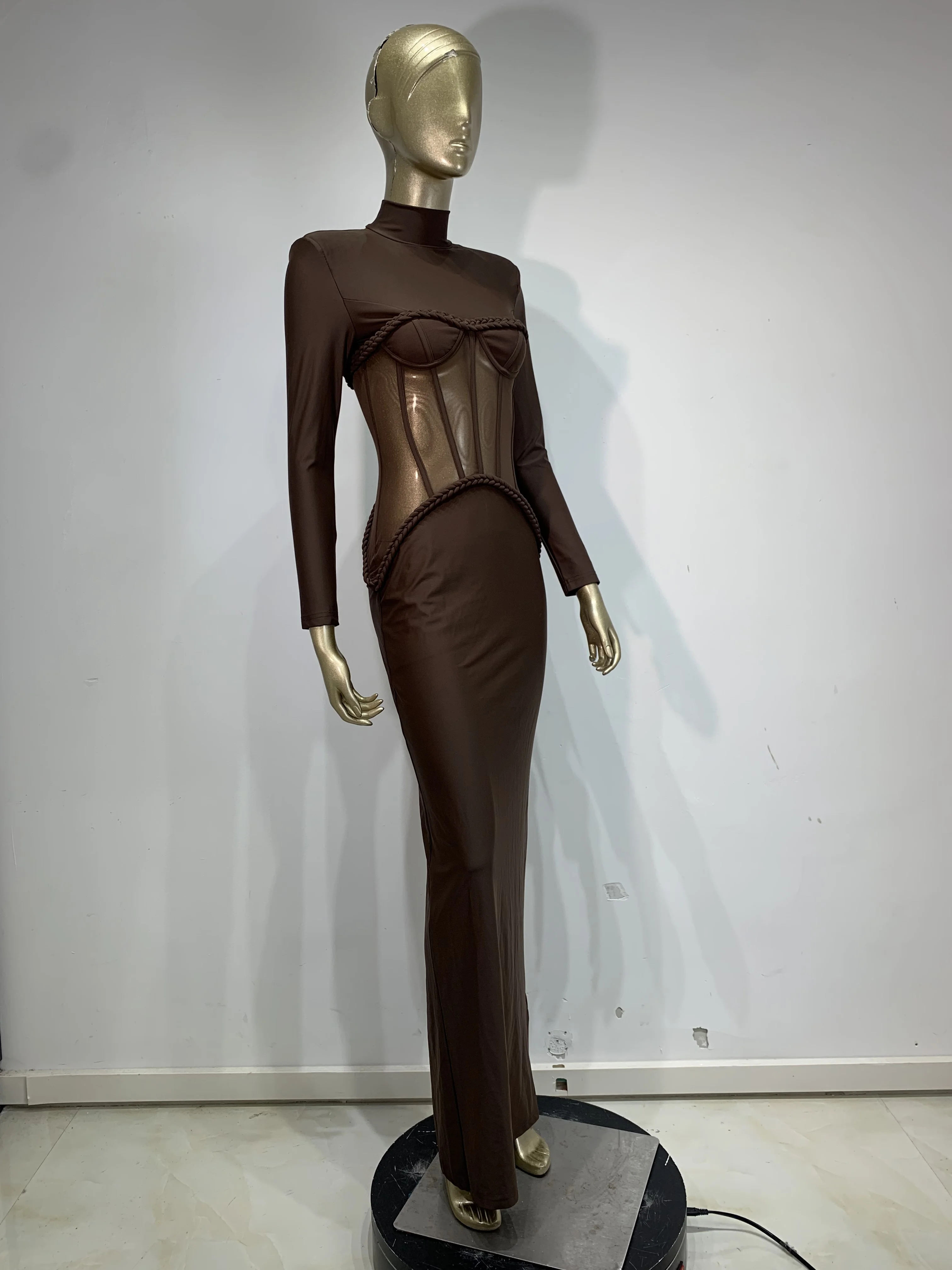 Mode Sexy femmes robe moulante marron maille à manches longues Cocktail de luxe anniversaire soirée Club robes de soirée robe d'invité de mariage