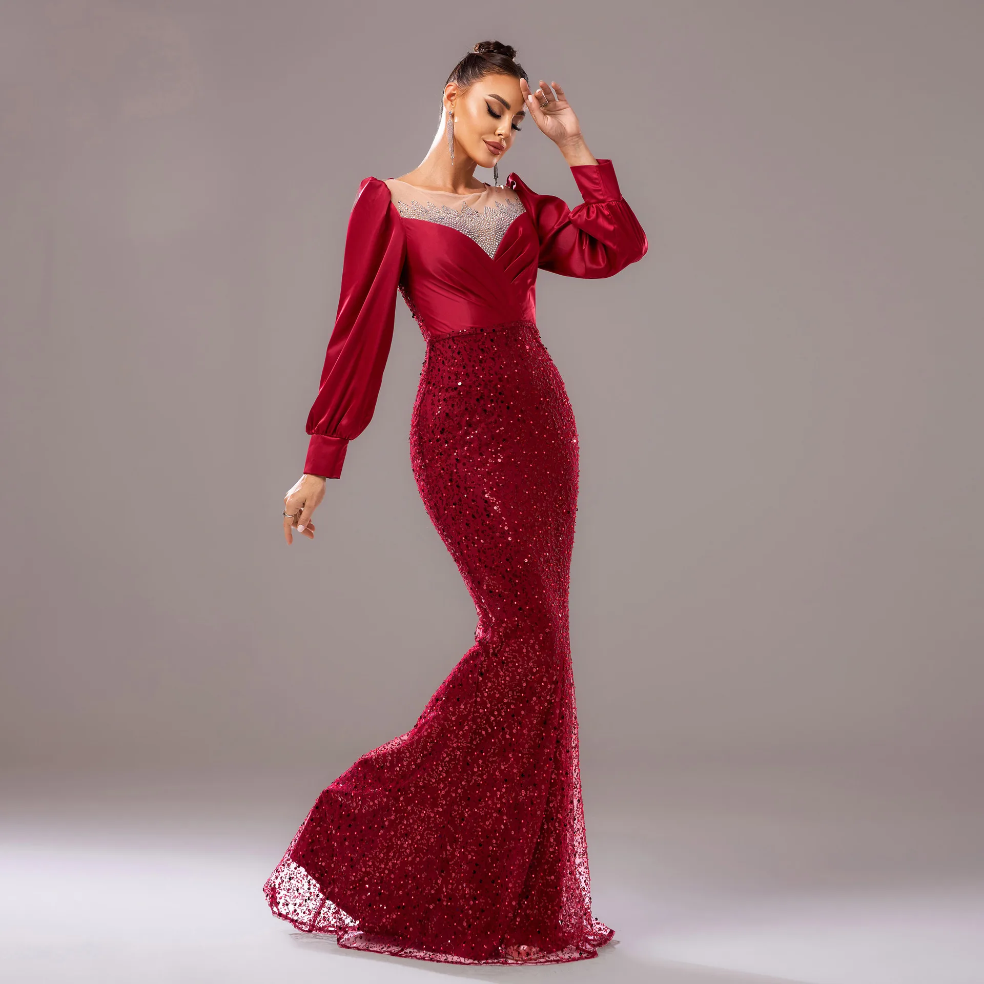 فستان نسائي ربيعي أوروبي مزين بالترتر باللون الأحمر من وين، فستان بوق عالي الخصر، فساتين حورية البحر أنيقة للحفلات