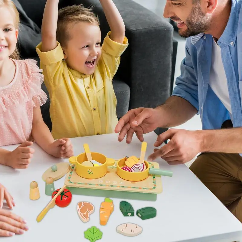 Juegos de cocina para niños, juego de simulación de comida, utensilios de cocina de madera con ollas, palas, accesorios para verduras para niños y niñas