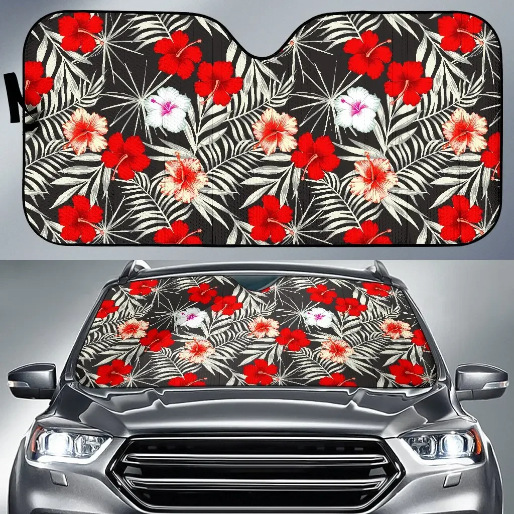 White Tropical Hibiscus Pattern Print Car Sun Shade