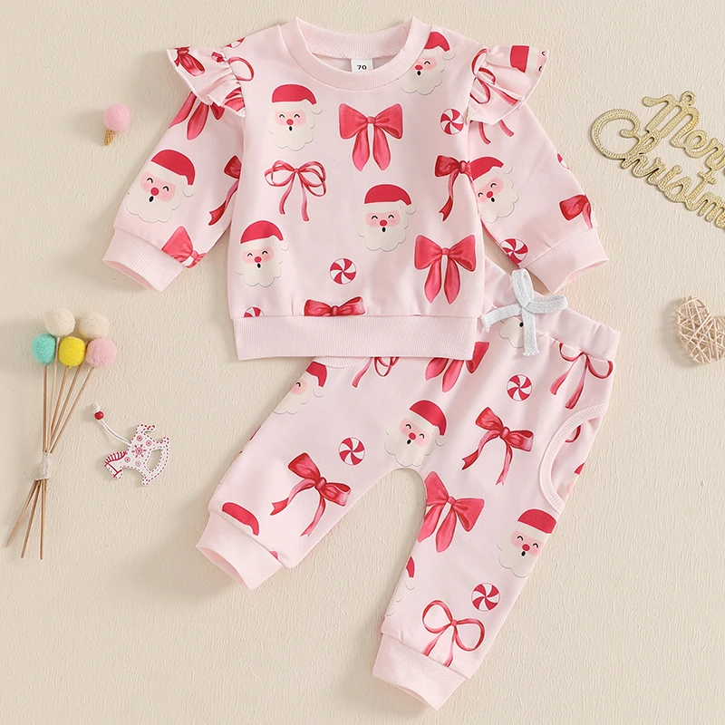 2024-09-14 Lioraitiin Baby Girl Christmas Outfits Bow Crew Neck Long Sleeve Santa Claus Printed Girls Tops with Pants