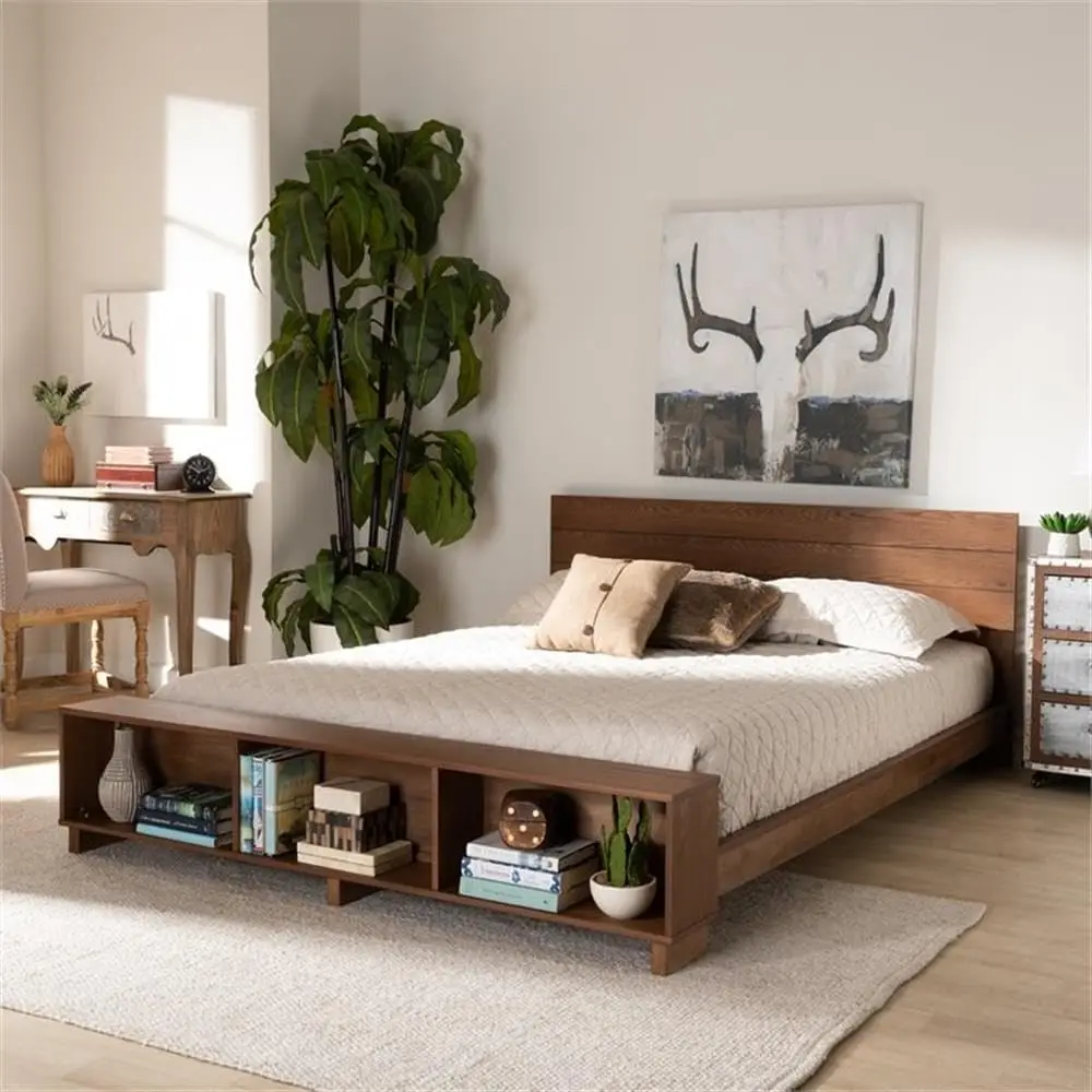 Regina Modern Rustic Ash Walnut Brown Finished Wood Full Size Platform Storage Bed With Built-In Shelves