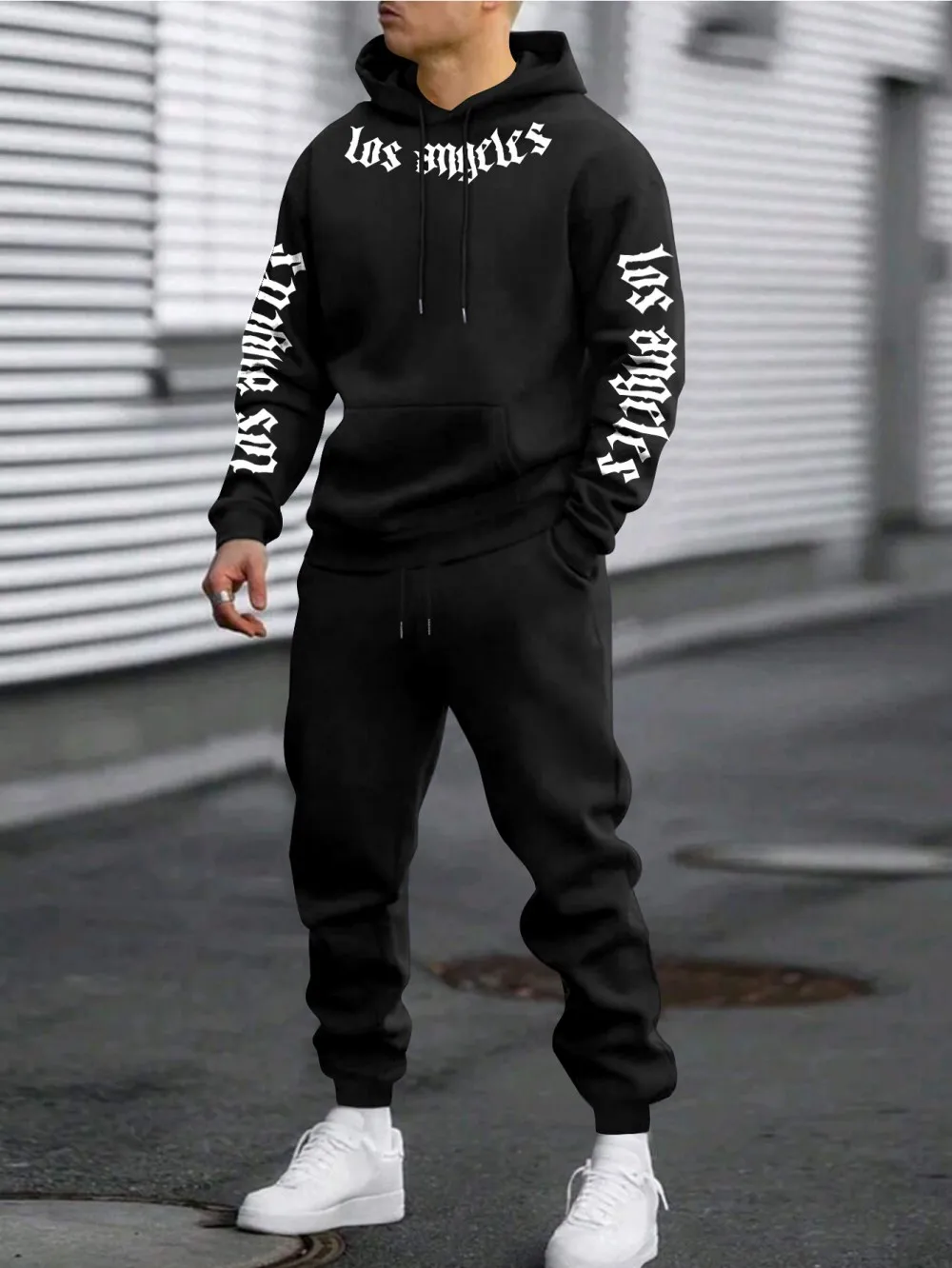 American Men's New Autumn Gothic Los Angeles Letter Printed Soft and Comfortable Hoodie Pants Set Outdoor Casual Clothing